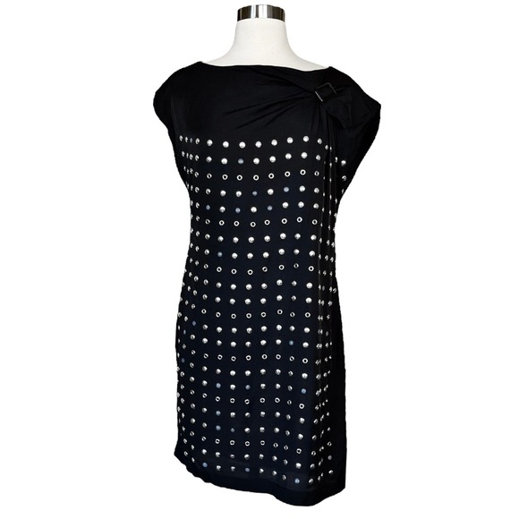 SEE BY CHLOE Jersey Black Dress Studded Abstract Design Cap Sleeves Shift 6 /42 - Picture 2 of 11